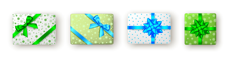 Blue, green gift box with ribbon and bow, top view.