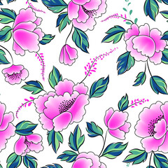 Floral seamless pattern. Flowers with leaves ornamental background. Flourish nature garden texture