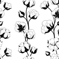 Seamless pattern with cotton bolls and branch. Cotton flowers and balls floral tile backdrop - obrazy, fototapety, plakaty