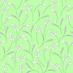Cartoon plant leaf in black and white seamless pattern template. Vector illustration on pastel green background for games, background, pattern, decor. Print for fabrics and other surfaces. 