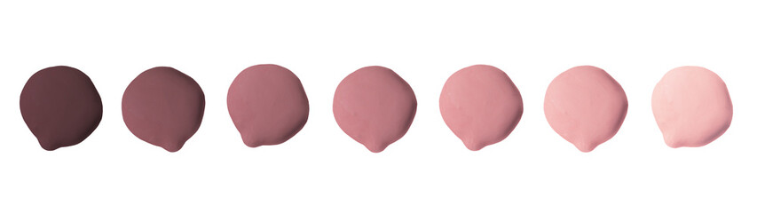 Lipstick blobs smear smudge swatch isolated on white background banner panorama. Cream makeup texture. pink rosé nude color cosmetic product stroke swipe sample