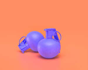 Plastic Weapon series, Frag Grenade, Indigo blue arm in pinkish background, 3d rendering, war, battle and self protection, first person shooter game item