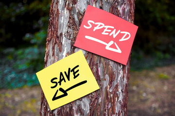 Save and spend words written on papers on a tree with arrow signs. Financial saving or spending...