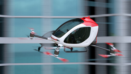 Electric Passenger Drone flying in front of buildings