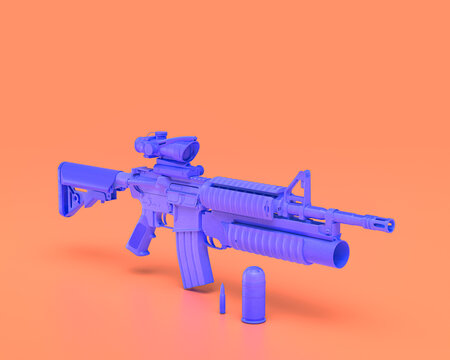 Plastic Weapon series, Colt M4A1 with M203 auto rifle and grenade launcher, Indigo blue arm in pinkish background, 3d rendering, war, battle and self protection, first person shooter game item