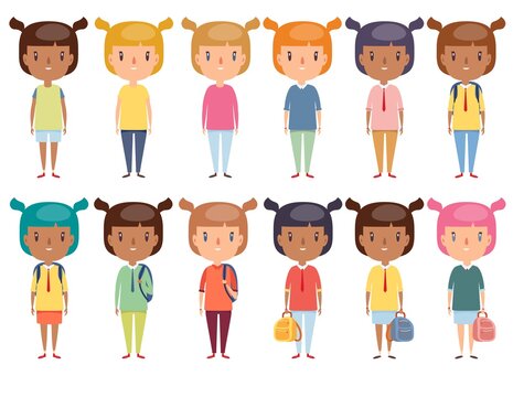 Collection of cute little girls with multi-colored hairstyles. Full-length portrait. Vector flat design illustration.