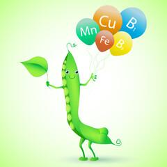 Obraz premium Pea pod cartoon character isolated on white background. Vitamins and minerals in legumes. Vector illustration for healthy vegetarian food design