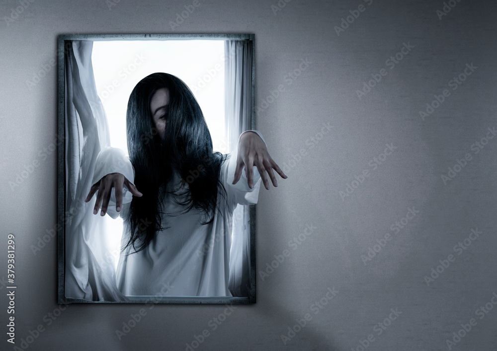 Canvas Prints Scary ghost woman standing on the window in the abandoned house