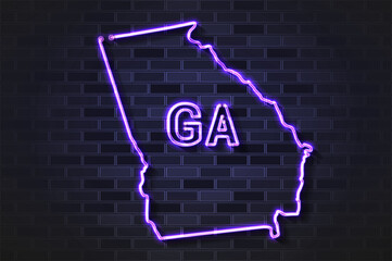 Georgia map glowing neon lamp or glass tube on a black brick wall