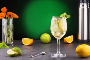 great cocktail with martini, soda, lime and mint