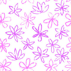 Seamless floral pattern with polka dot ornament. Stylish drawn backdrop with flowers. Abstract scribble textured pattern with flowers ornament. Isolated on white.