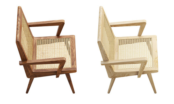 Mid-century wooden chair with woven cane backrest and seat. 3d render.