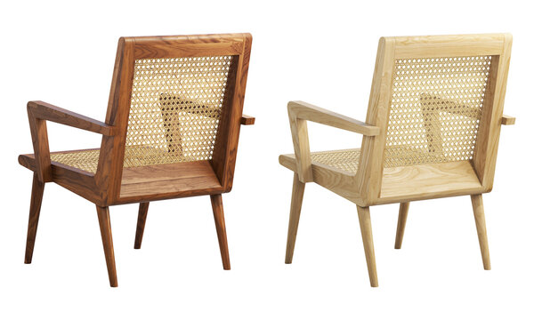 Mid-century wooden chair with woven cane backrest and seat. 3d render.