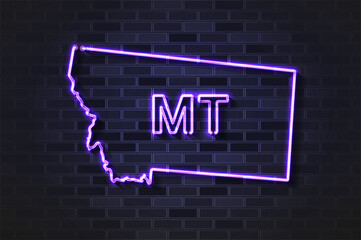 Montana map glowing neon lamp or glass tube on a black brick wall