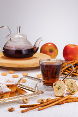 wonderful tea party with bread sticks, muffins and bagels