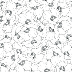 Realistic poppy flower seamless pattern template. Hibiscus vector illustration in black and white for games, background, pattern, decor. Print for fabrics and other surface. Coloring paper, page, book