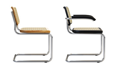 Mid-century wooden chair with woven cane backrest and seat. 3d render.