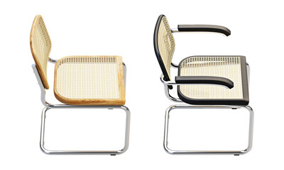 Mid-century wooden chair with woven cane backrest and seat. 3d render.