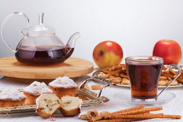 wonderful tea party with muffins and a variety of pastries