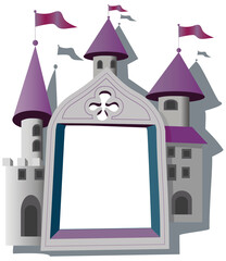 funny cartoon children's castle with pink roof and flags