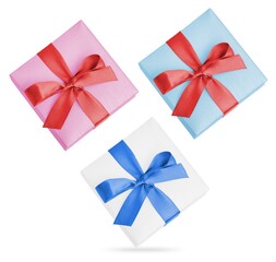 Gift box with ribbon, top view. Packed surprise on a white background.