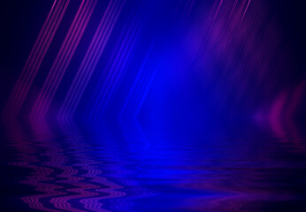 Obraz premium Abstract dark futuristic background. Neon rays of light are reflected from the water. Background of empty stage show, beach party. 3d illustration