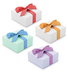 Gift box with a ribbon. A set of various colored gifts. Surprise isolated on white background.