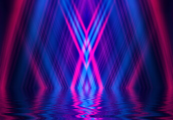 Abstract dark futuristic background. Neon rays of light are reflected from the water. Background of empty stage show, beach party. 3d illustration