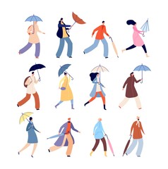 People with umbrellas. Rainy autumn, city street wet person character. Isolated man woman outdoor walking in raining day vector illustration. People with umbrella or parasol holding in hand