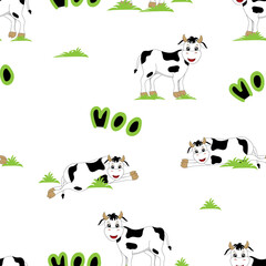 Seamless cute cow standing and  lying on grass with moo word, Kawaii pattern for children fabric or cover on 2021 year of ox