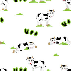 Obraz premium Seamless cute cow standing and lying on grass with moo word, Kawaii pattern for children fabric or cover on 2021 year of ox