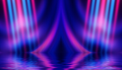 Abstract dark futuristic background. Neon rays of light are reflected from the water. Background of empty stage show, beach party. 3d illustration