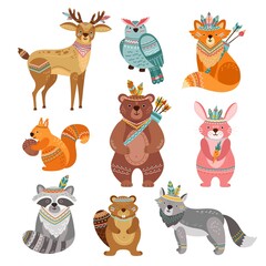 Obraz premium Cartoon tribal animals. Cute woodland illustration, boho fox wolf deer. Brave forest bear, feather arrow, wildlife vector. Tribal colorful forest animal, woodland bird , fox and rabbit illustration