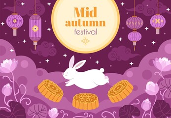 Asian autumn festival. Night fest, full moon light chinese holiday banner. Asian floral branch, mooncake and cute bunny vector illustration. Mooncake and jumbing white rabbit, light night lantern