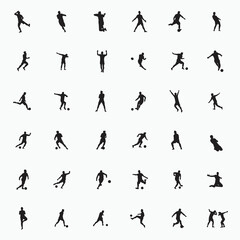 shot, dribble, goal celebration and move in soccer set - silhouette isolated on white