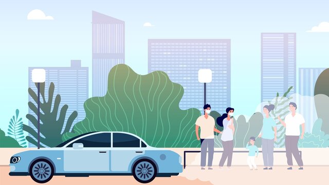 City air pollution. World problem of environment and ecological situation, dirty atmosphere. Urban landscape with auto and people vector illustration. Air pollution problem, emission dioxide pm2.5