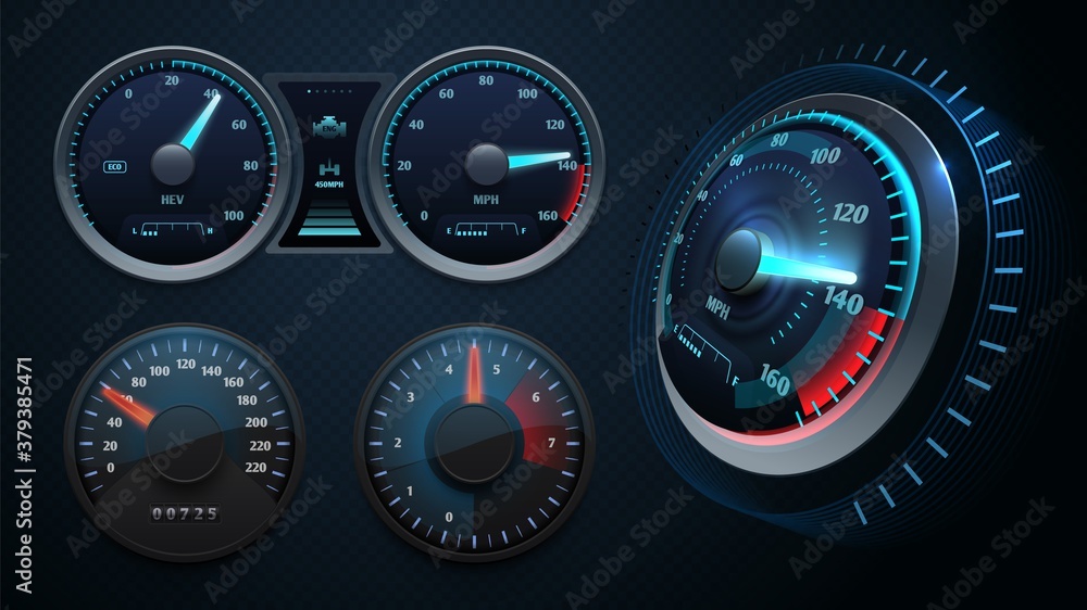 Poster realistic speedometer. sport car dashboard, auto panel with arrows and speed measuring board vector 