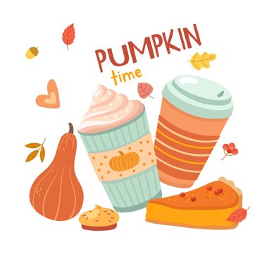Pumpkin latte time. Autumn drinks, hygge season. Coffee with cream. Bakery shop, cafe restaurant print card vector template. Pumpkin coffee drink, orange season with hot beverage illustration