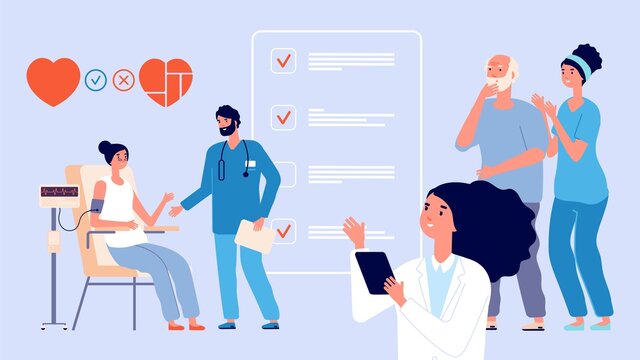 Senior medical check up. Old patients healthcare, elderly effective lifestyle. Doctors nurse with adult woman and man, people examination in hospital vector illustration. Pensioner check up health