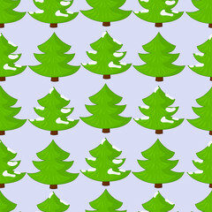 Cartoon Christmas New Year winter trees with snow seamless pattern template. Holiday vector illustration for games, background, pattern, decor. Print for fabrics and other surfaces.