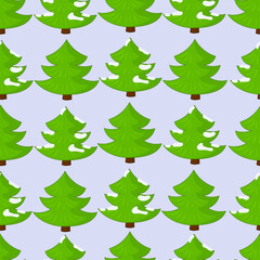Cartoon Christmas New Year winter trees with snow seamless pattern template. Holiday vector illustration for games, background, pattern, decor. Print for fabrics and other surfaces.