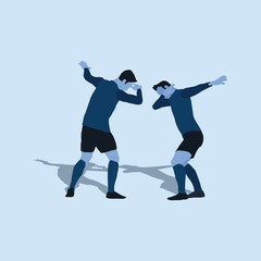 two soccer player do a dab celebration - two tone flat illustration - shot, dribble, celebration and move in soccer