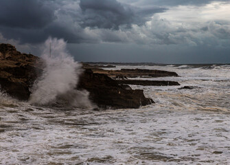 Stormy  weather in the evening at sunset on the Mediterranean coast near Rosh HaNikra in Israel