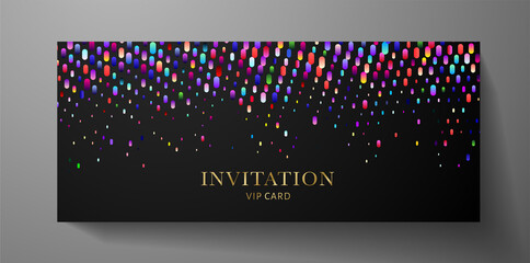 Fototapeta na wymiar Holiday VIP Invitation template with colorful pattern (glowing circular dots) on black background. Premium rainbow design template useful for invite event, Gift certificate, Voucher