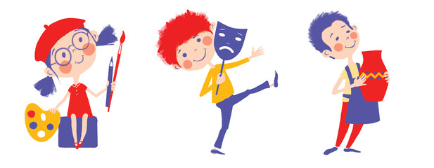Artistic activities for children set. Artist, theater science, ceramics. Developing creativity. Kid's hobbies and entertainment.