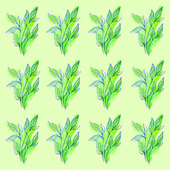Cartoon watercolor plant leaf seamless pattern template. Vector illustration on pastel green background for games, background, pattern, decor. Print for fabrics and other surfaces.