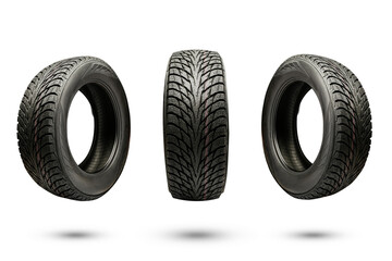 three winter friction tires, isolate on a white background - obrazy, fototapety, plakaty