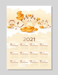 Calendar design concept with oriental bull or ox mascot holds gold ingot and coins. Calendar 2021 A4 format for print with all months. New Year Yearly Planner Calendar. Vector stock illustration.