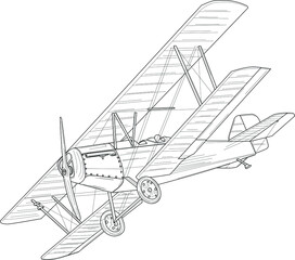 Retro vintage airplane realistic sketch template. Cartoon vector illustration in black and white for games, background, pattern, decor. Print for fabrics and other surfaces. Coloring paper, page, book