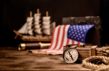 Columbus Day background. Map and discovery of old equipment. Exploration and history of America in...